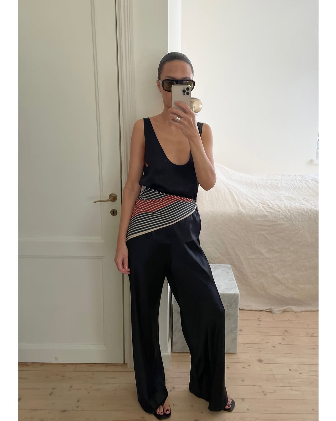 @johannapiispa wearing silk bias-cut pants.