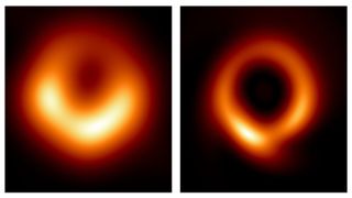 image on the left shows a blurry fuzzy orange ring around a black void, the sharper image on the right shows a thinner sharper orange ring and a large black circle void in the middle.