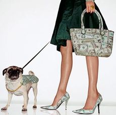 model carrying a dollar bill purse walking dog wearing a dollar sign cape