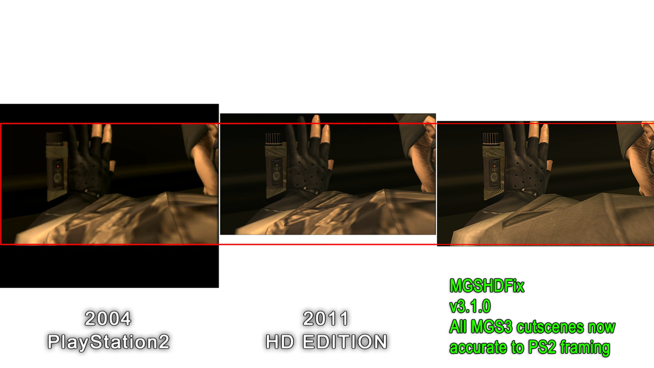 Comparison image between the original MGS3 and Bluepoint's HD remaster, showing the bottom cut off in the latter.