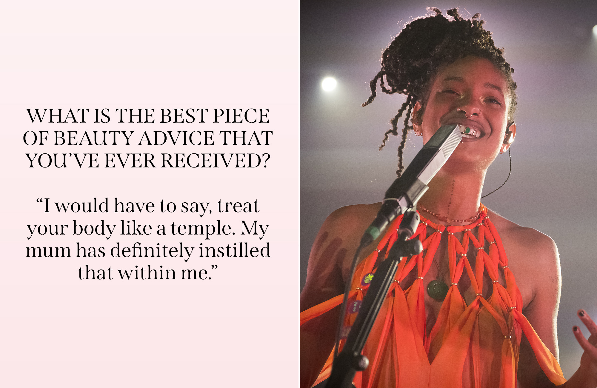 A picture of Willow Smith performing on stage during the Montreux Jazz Festival Miami alongside a quote about the best beauty advice she has received