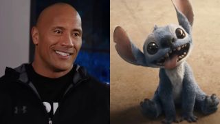 Dwayne Johnson and Stitch in a side-by-side photo.