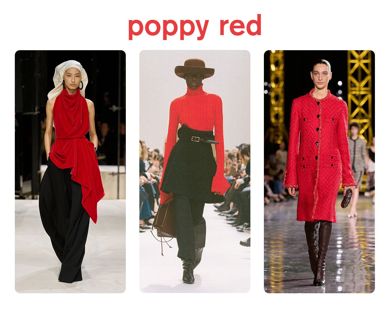 Collage of poppy red on the fall/winter 2026 runways.