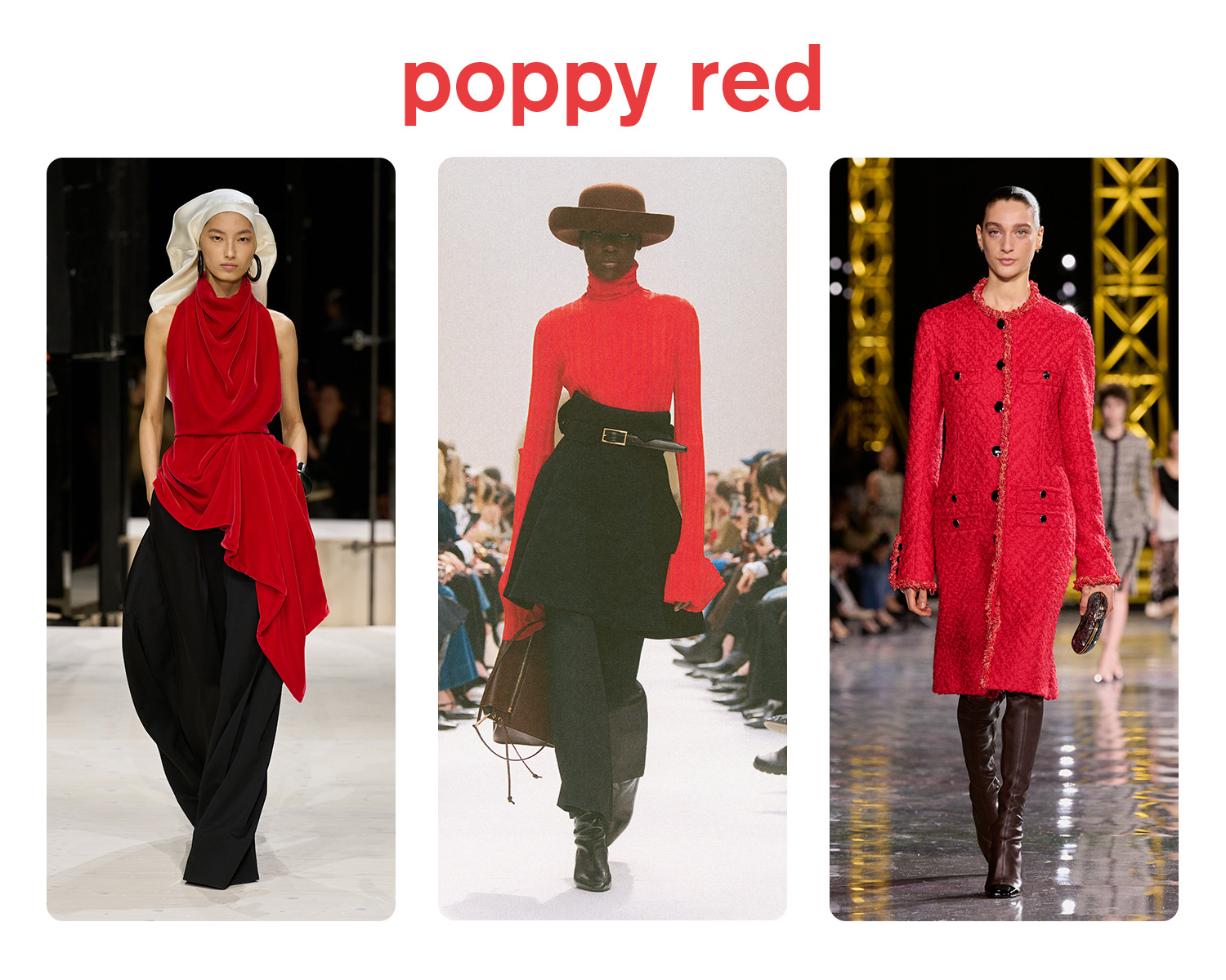 Collage of poppy red on the fall/winter 2026 runways.