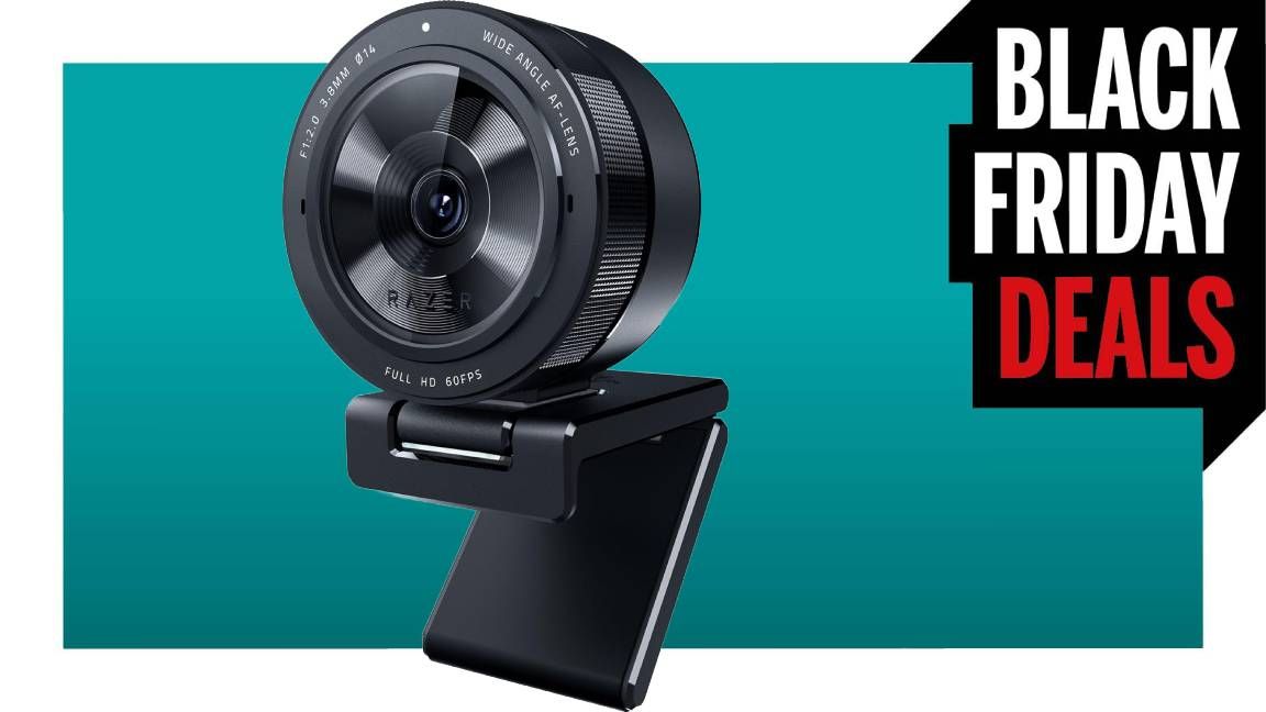 The Razer Kiyo Pro Webcam looms in a teal void bordered in white. Its stand mount is partially unfolded downwards. The top right corner of the entire image has a &#039;Black Friday Deals&#039; banner.