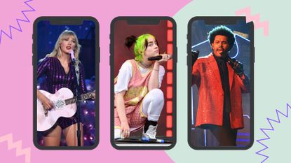 Taylor Swift, Billie Eilish and The Weeknd performing on stage in a three mobile phone templates/ on a pink and green background