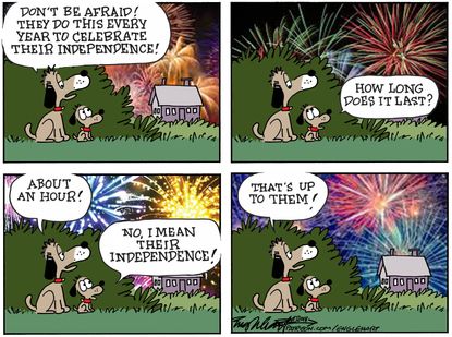 Political Cartoon U.S. Fourth of July fireworks independence