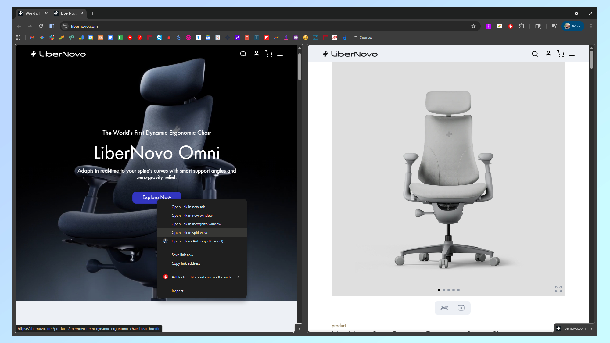 A screenshot showing how you can open links from one website in a new Split Tab next to it