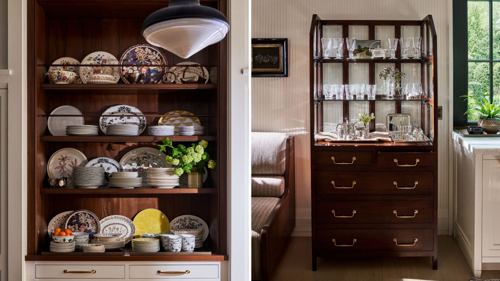 Two images showing open storage with china plates on shelves on the left and a wooden waitstand with glass and silverware on the right