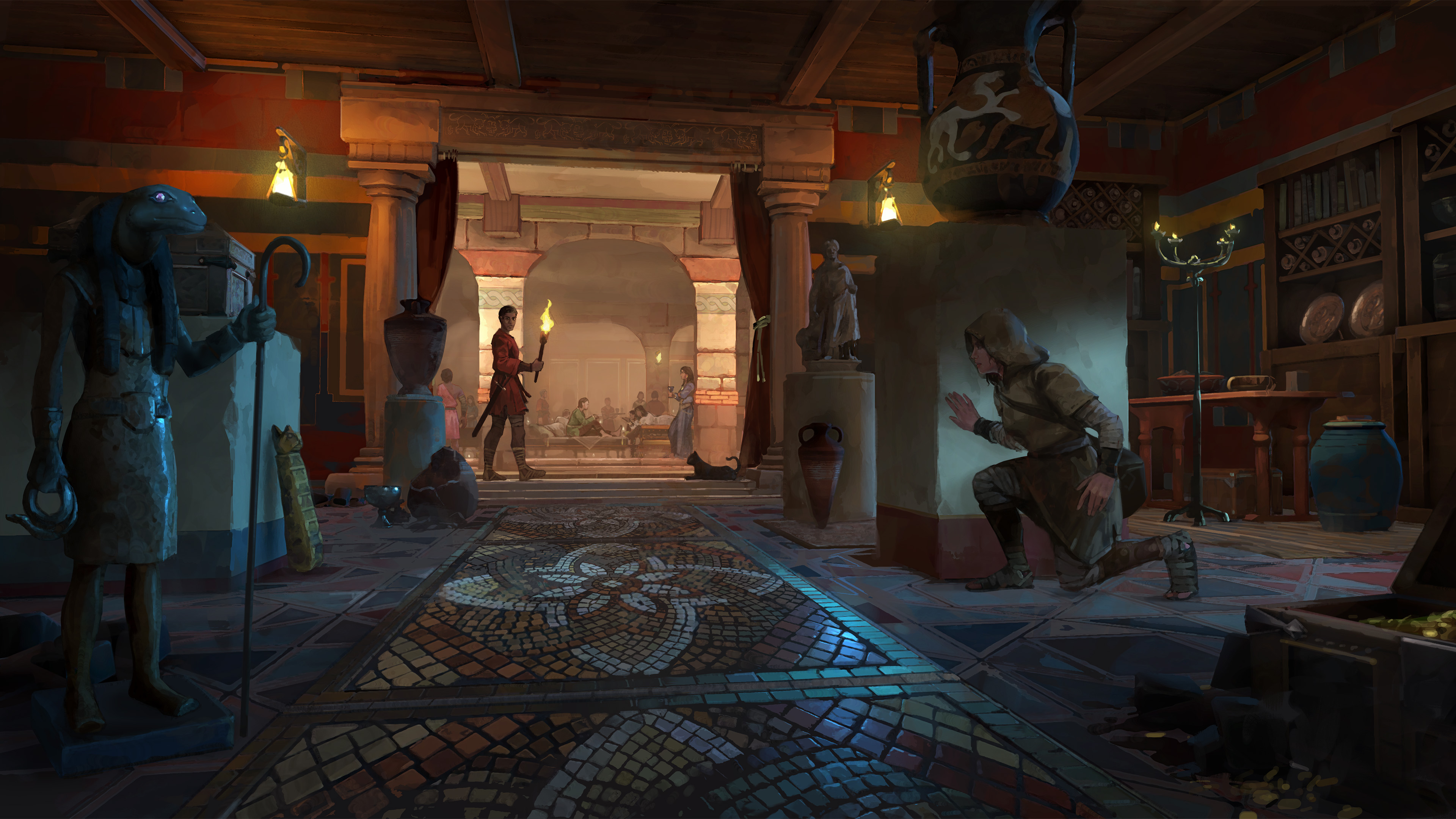 A rogue crouches behind a counter