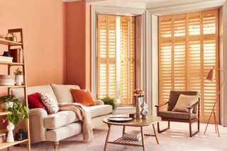 orange painted living room with open shelving and stylish window shutters