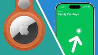 An Apple AirTag 2 on a green background, next to a phone on a blue background showing Precision Finding