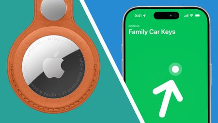 An Apple AirTag 2 on a green background, next to a phone on a blue background showing Precision Finding