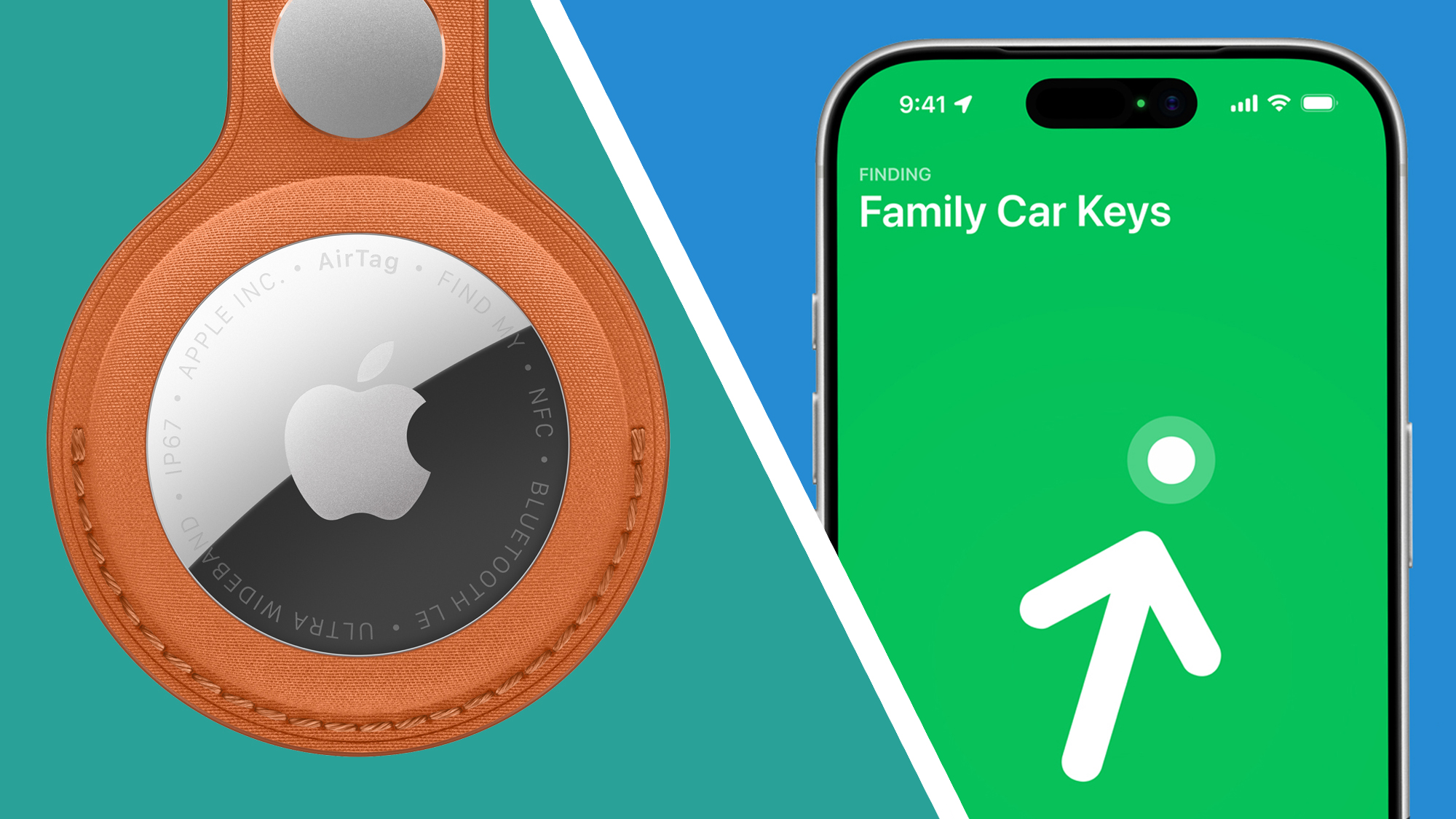 An Apple AirTag 2 on a green background, next to a phone on a blue background showing Precision Finding