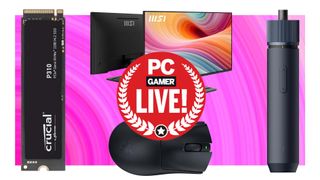 A Crucial SSD, Razer mouse, MSI monitor, and another product over a pink background