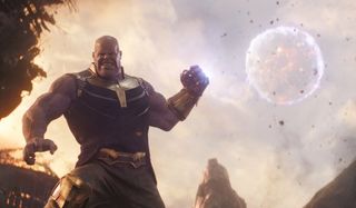 Avengers: Infinity War Thanos uses the gauntlet to throw a moon