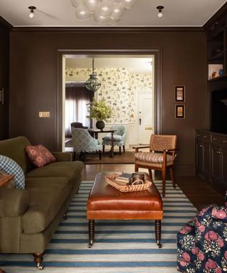 open plan entryway living room chocolate brown and blue