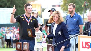 Jon Rahm receives his medal at the 2016 US Open