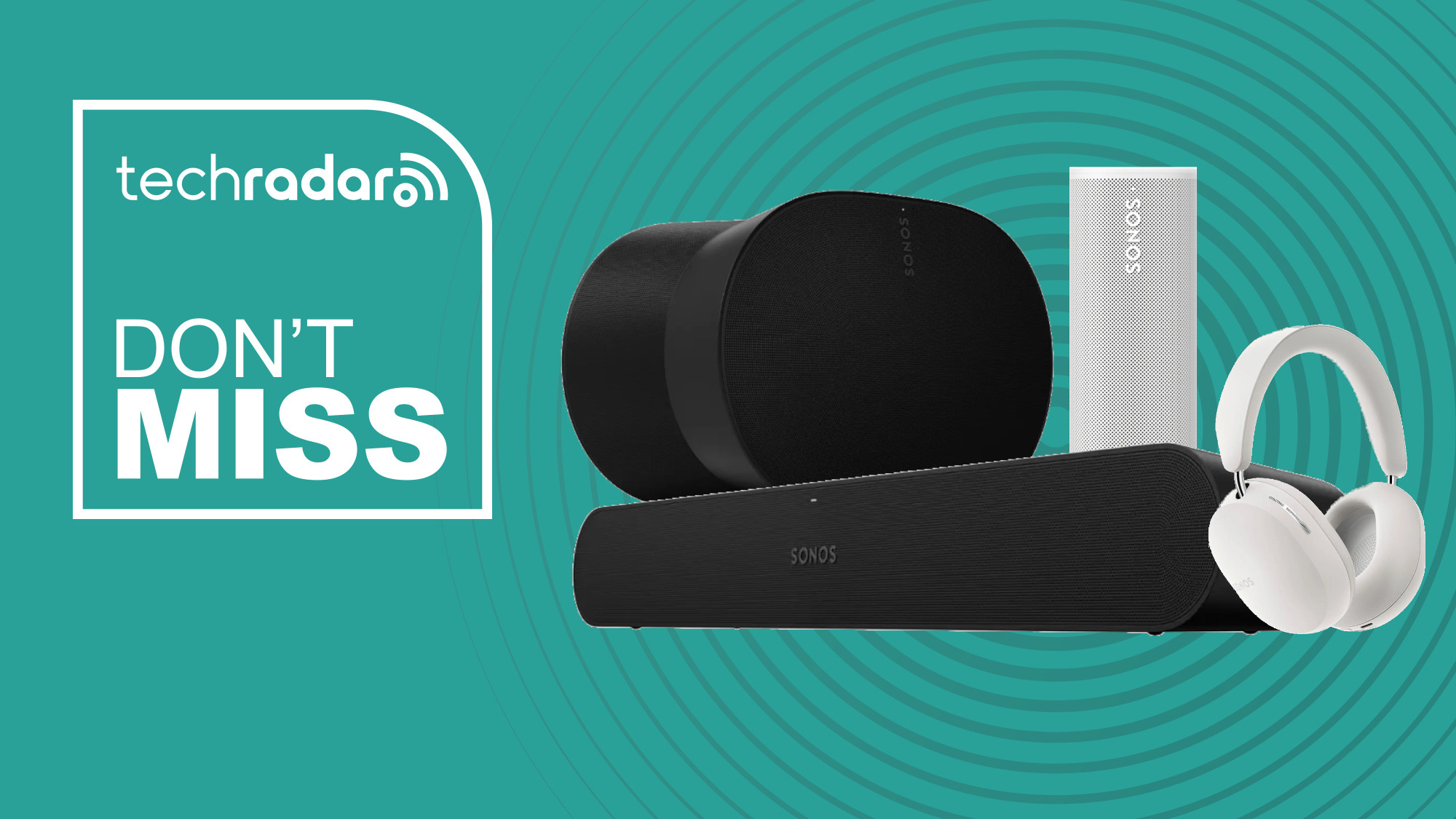 A collage of Sonos speakers, soundbars and headphones on a green background