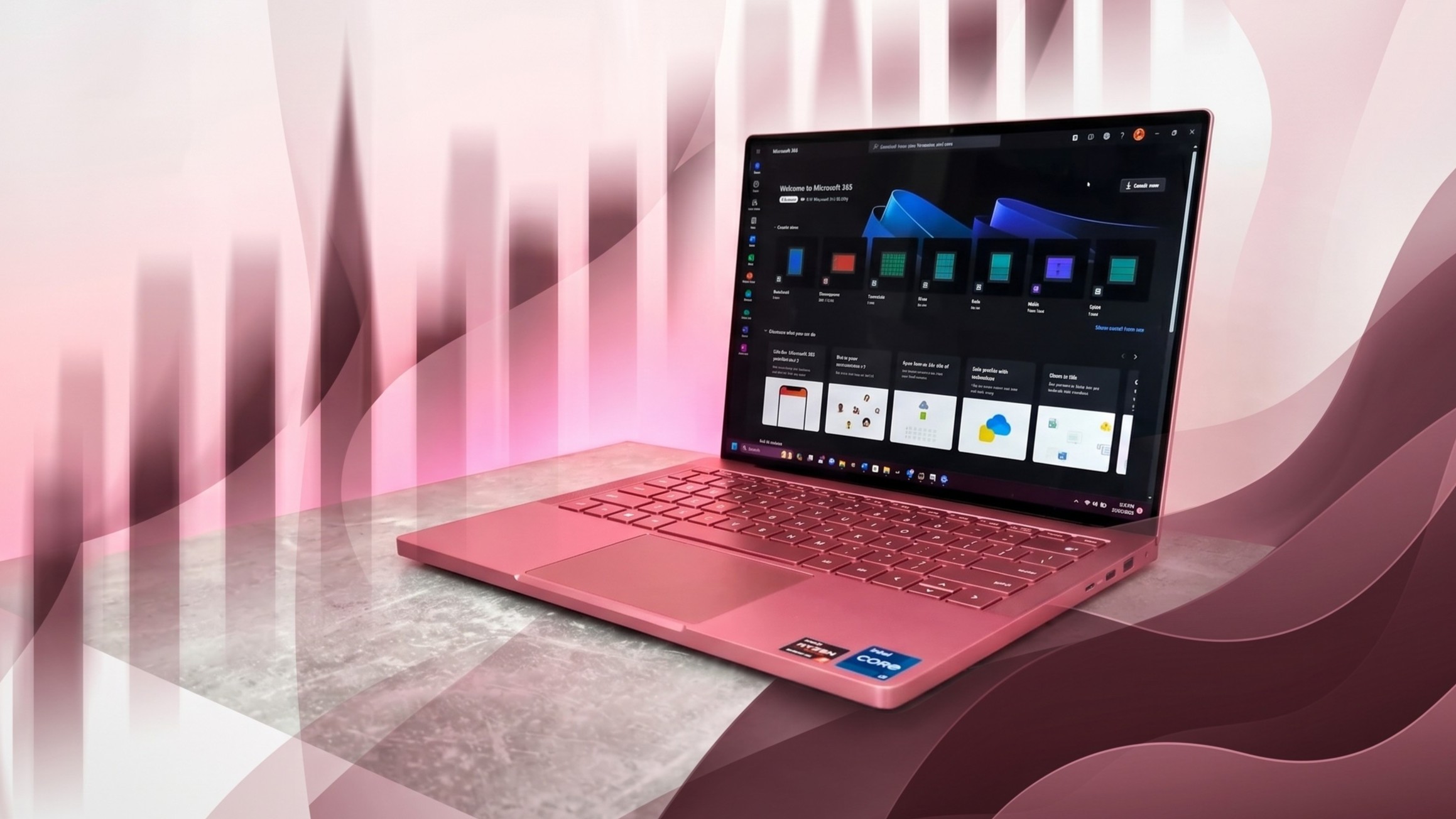 A pink laptop on a gray surface, displaying a dark-themed screen with apps. The background has abstract pink and maroon wave patterns, creating a modern, dynamic feel.