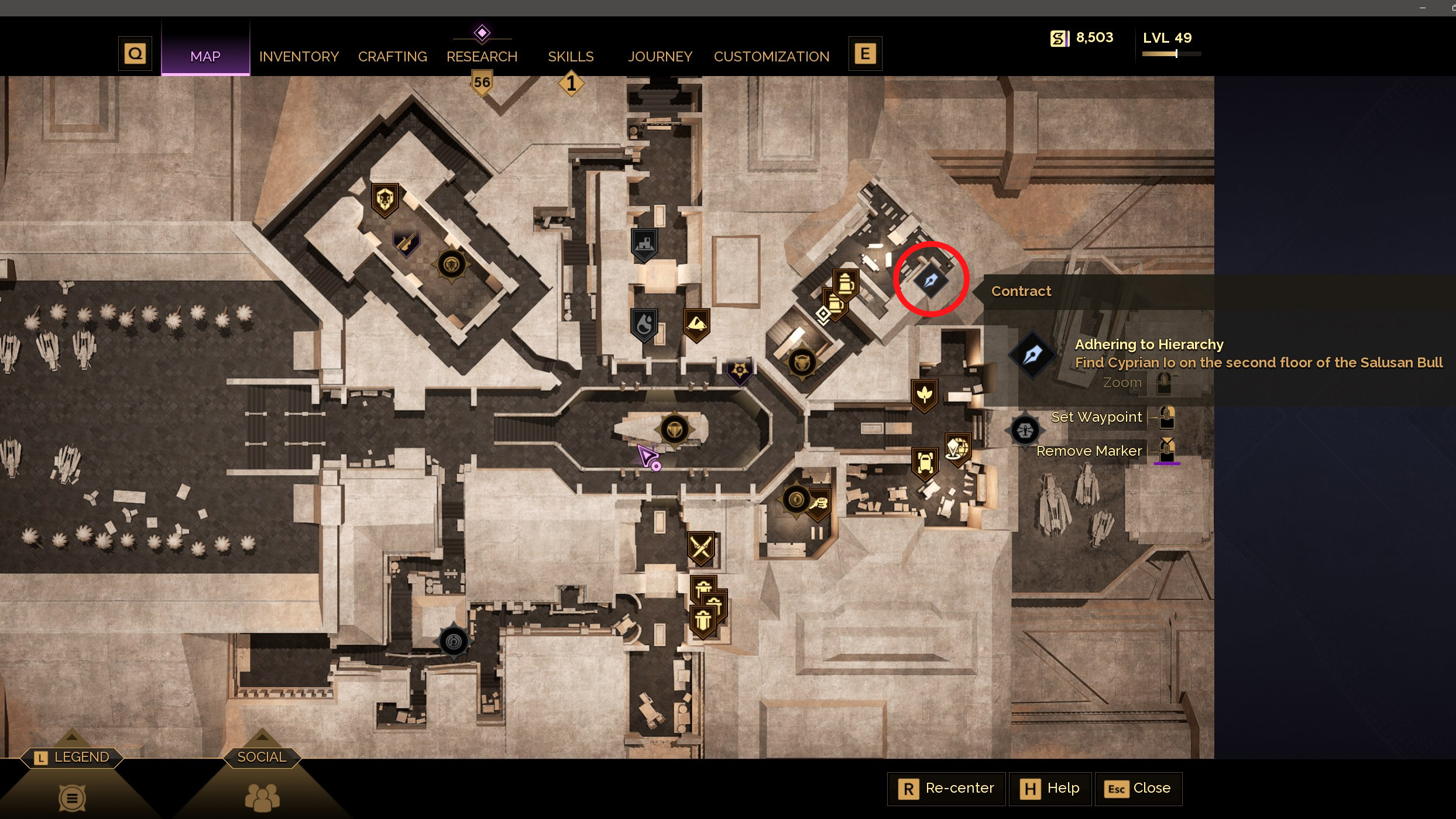 The Arrakeen map, highlighting where the  advanced Planetologist trainer in the northeastern corner. It's on the second floor of the Salusan Bull