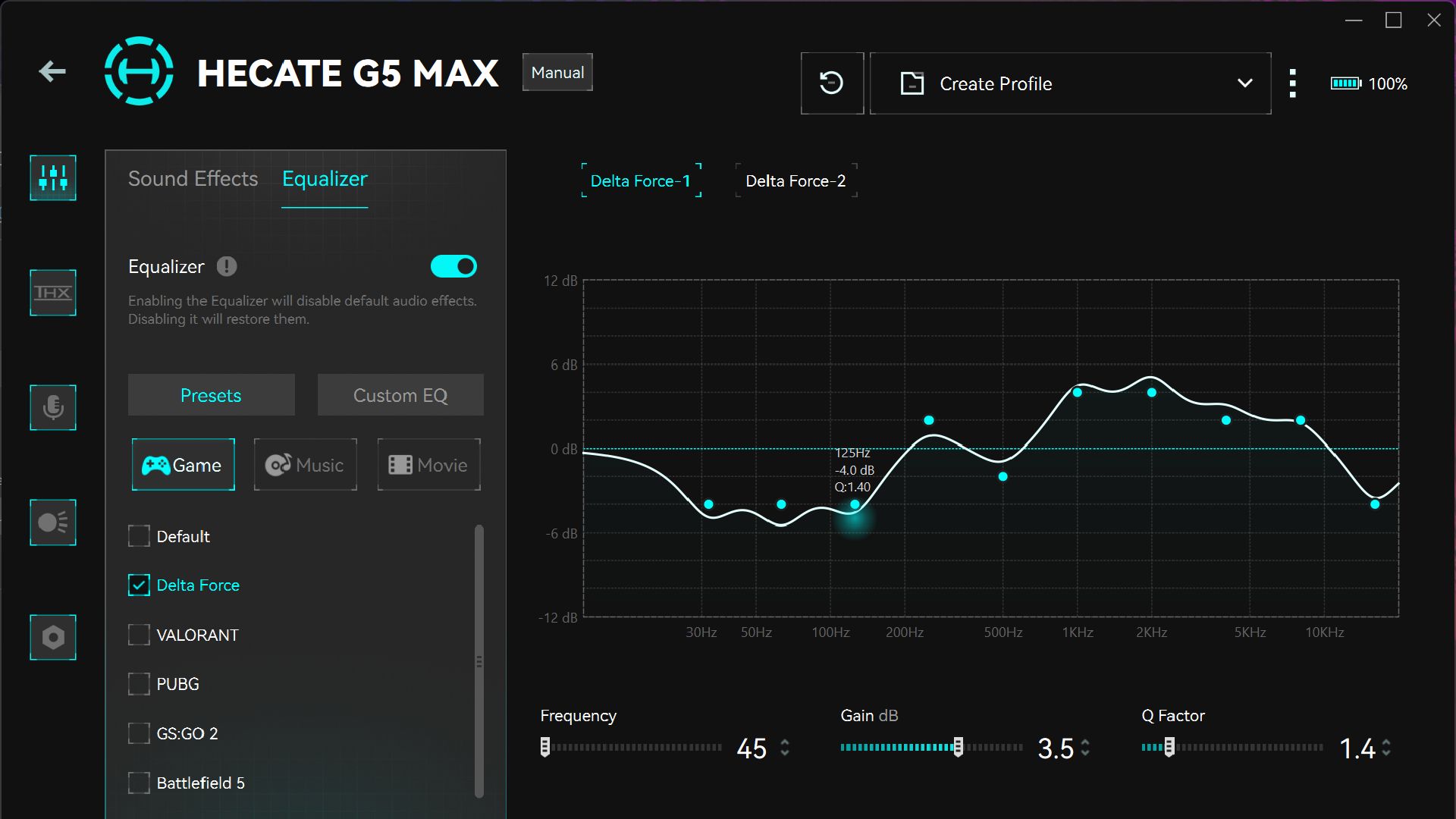 A screenshot of some of the EQ presets in the Edifier Hecate software