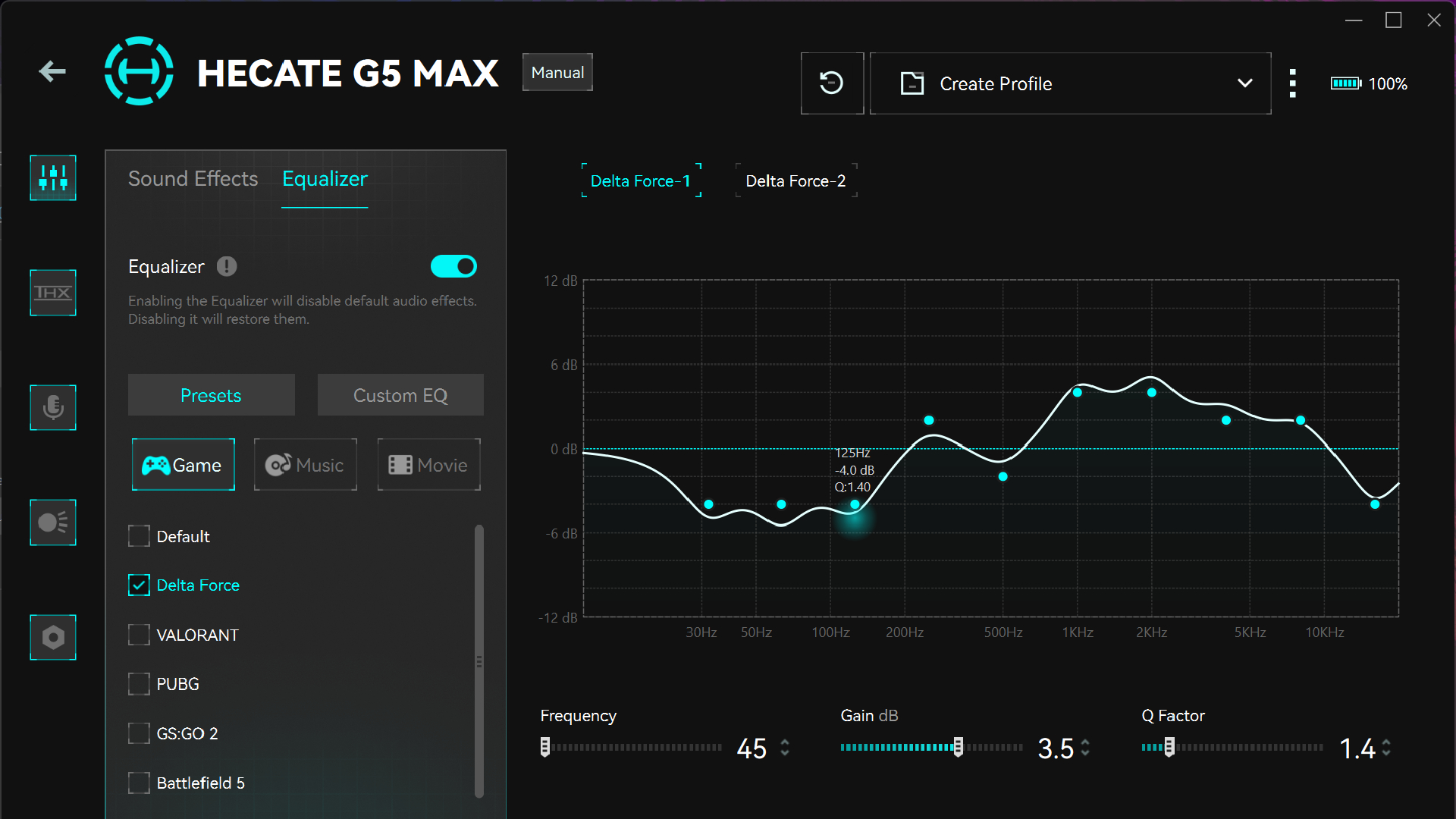 A screenshot of some of the EQ presets in the Edifier Hecate software