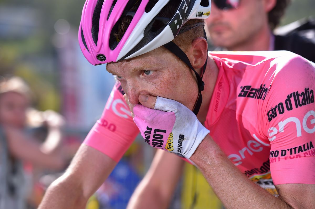 A distraught Steven Kruijswijk after he loses the pink jersey due to a crash on stage 19 of the 2016 Giro d'Italia