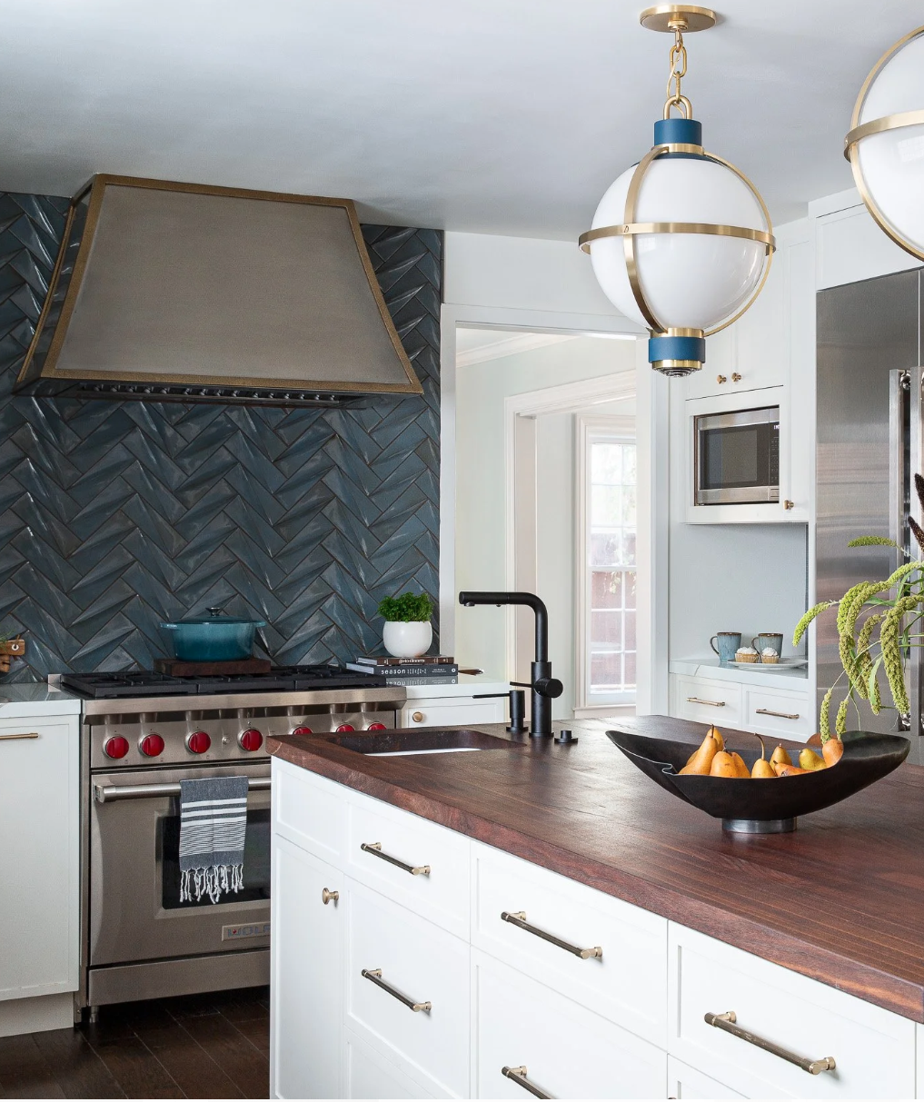 White kitchen with wooden island