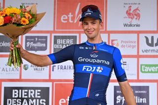 THUIN BELGIUM JULY 26 Samuel Watson of The United Kingdom and Team Groupama FDJ celebrates at podium as stage winner during the 45th Tour de Wallonie 2024 Stage 5 a 19215km stage from Mouscron to Thuin on July 26 2024 in Thuin Belgium Photo by Luc ClaessenGetty Images