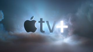 Apple TV Plus logo in front of cloudy background