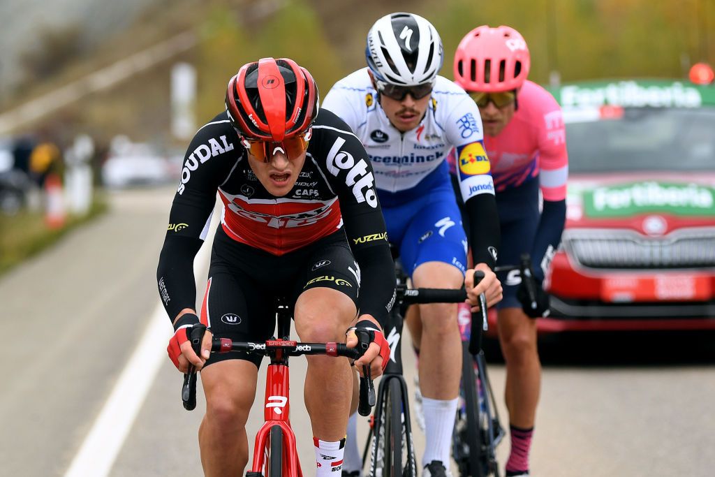 SALLENT DE GLLEGO SPAIN OCTOBER 25 Remi Cavagna of France and Team Deceuninck QuickStep Magnus Cort Nielsen of Denmark and Team EF Pro Cycling Remy Mertz of Belgium and Team Lotto Soudal Breakaway during the 75th Tour of Spain 2020 Stage 6 a 1464km stage from Biescas to Sallent de Gllego Aramn Formigal 1790m lavuelta LaVuelta20 La Vuelta on October 25 2020 in Sallent de Gllego Spain Photo by David RamosGetty Images