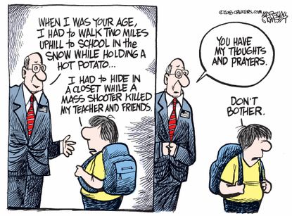 Political cartoon U.S. School shooting Parkland gun violence thoughts and prayers