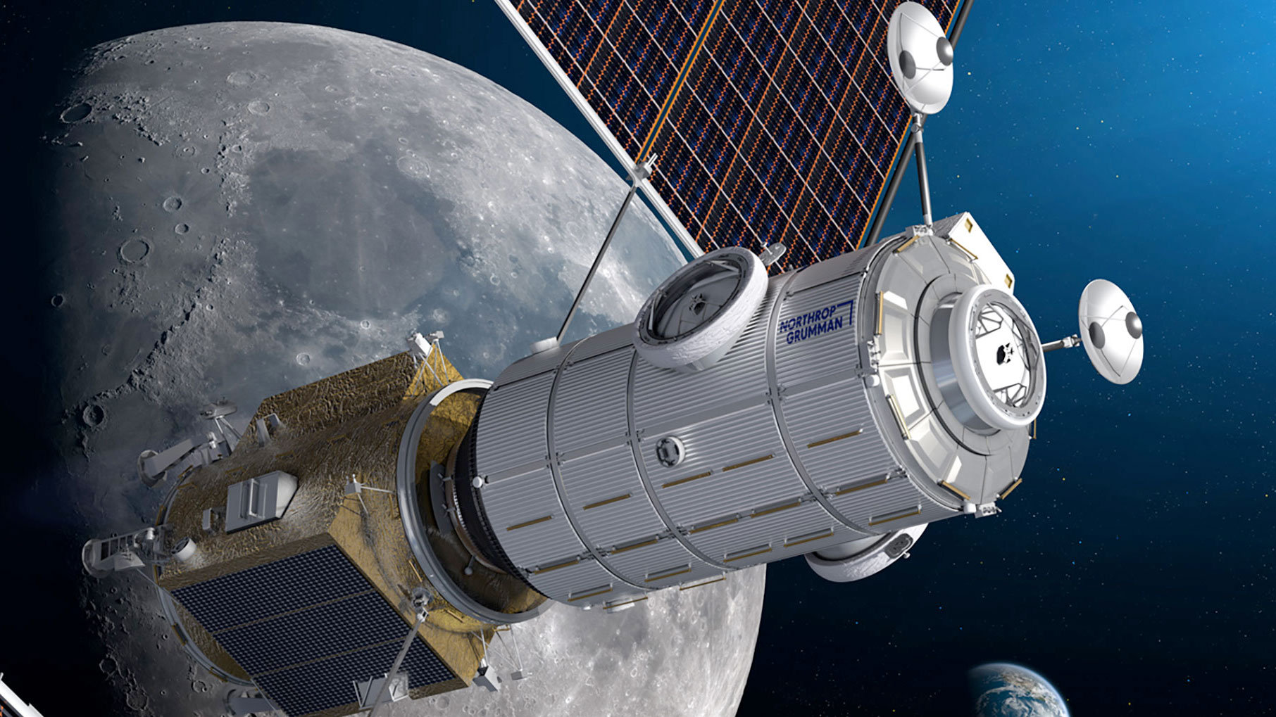 illustration of a silver cylindrical space station orbiting the moon