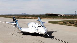 SpaceShipTwo Unity completes a runway landing at Spaceport America, New Mexico.