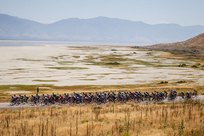 The peloton leaves Antelope Island on stage 3 of the 2019 Tour of Utah