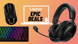 A HyperX gaming mouse, keyboard, and headset in front of an abstract orange background with a Laptop Deals icon