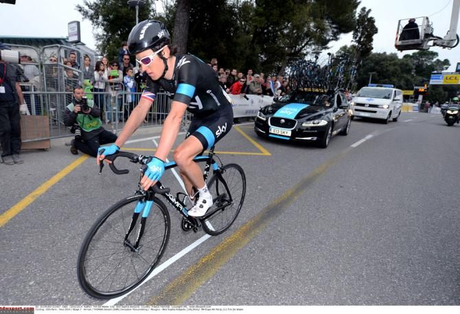 A dejected Geraint Thomas finishes the stage