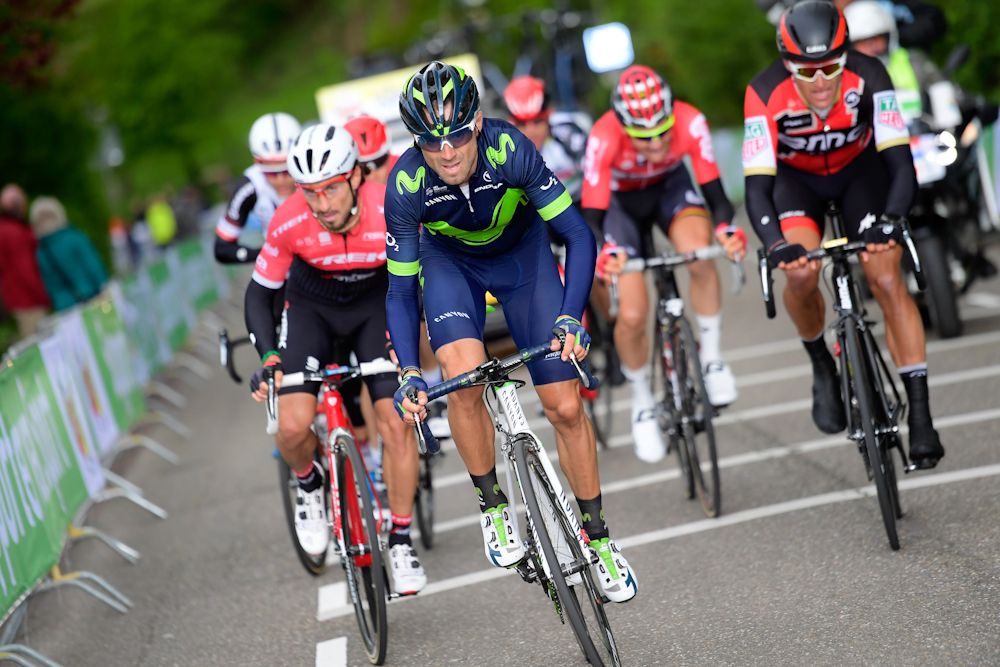 Alejandro Valverde (Movistar), Fabio Felline (Trek - Segafredo) and Greg van Avermaet chase the leaders near the end of Amstel Gold