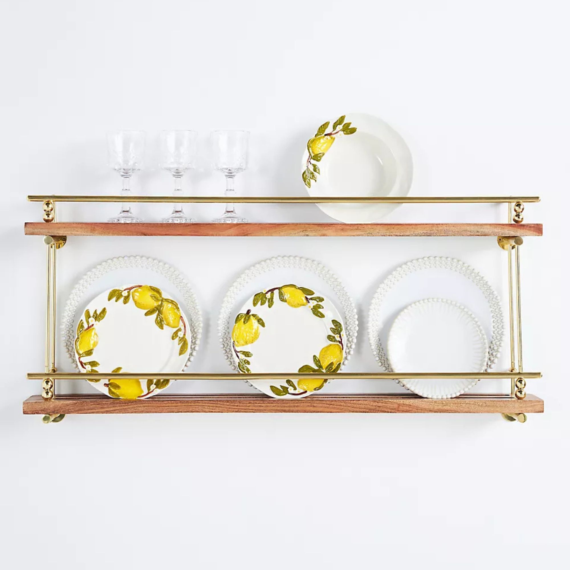 Aldina Acacia Wood &amp;amp; Brass Two-Tiered Plate &amp;amp; Spice Rack