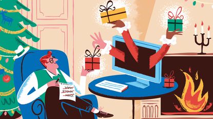 Illustration of a man ordering holiday gifts online.