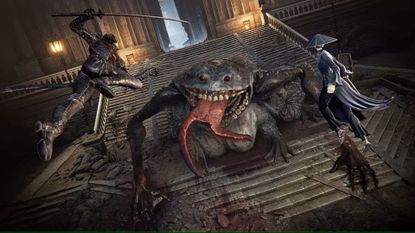 Two fighters jump down to attack a massive frog-like creature that has massive teeth and a tongue wagging out of its mouth in a screenshot from The Duskbloods.