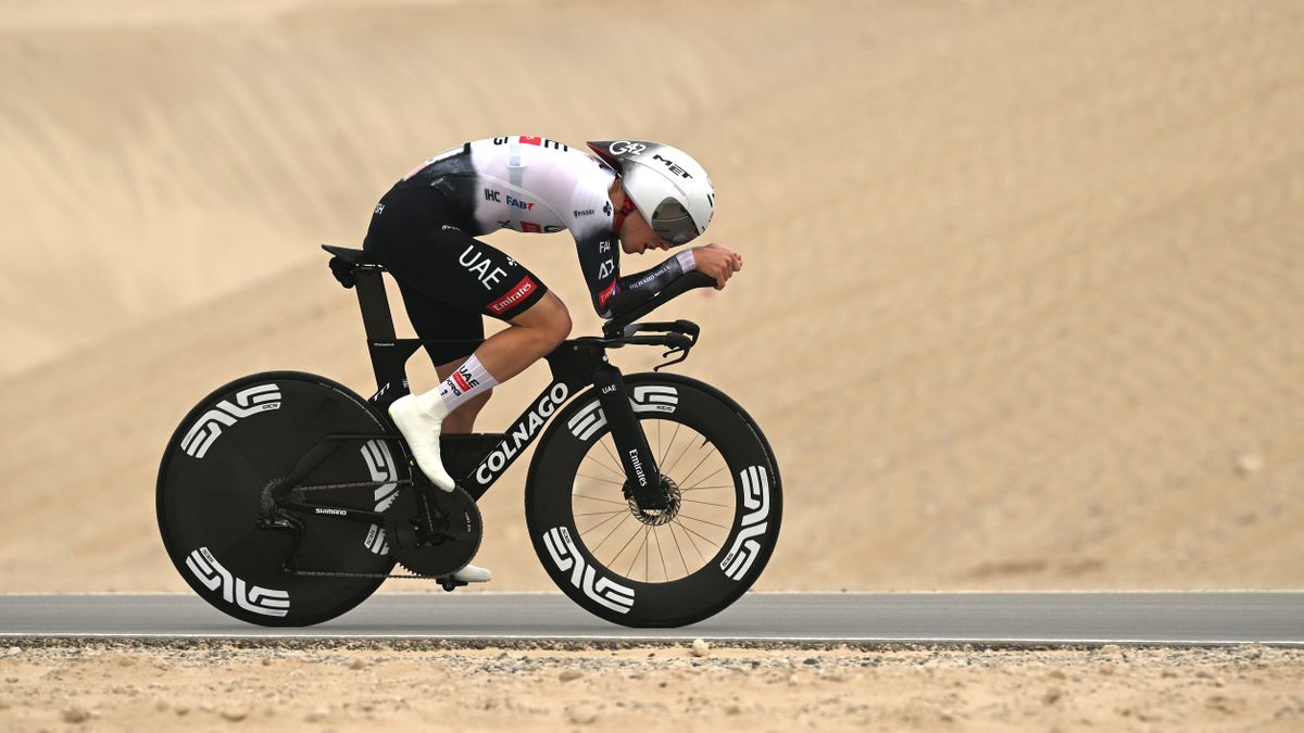 Tadej Pogacar riding during the UAE Tour stage 2 time trial 