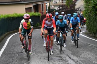 BERGAMO ITALY MAY 21 LR Ben Healy of Ireland and Team EF EducationEasyPost Bauke Mollema of The Netherlands and Team Trek Segafredo and Simone Velasco of Italy and Astana Qazaqstan Team compete in the breakaway during the 106th Giro dItalia 2023 Stage 15 a 195km stage from Seregno to Bergamo UCIWT on May 21 2023 in Bergamo Italy Photo by Tim de WaeleGetty Images
