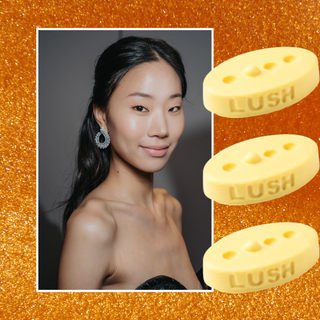 A woman with glowing skin wearing diamond drop earrings and a black strapless top. She is next to three Lush massage bars and all images are in front of an amber background. 