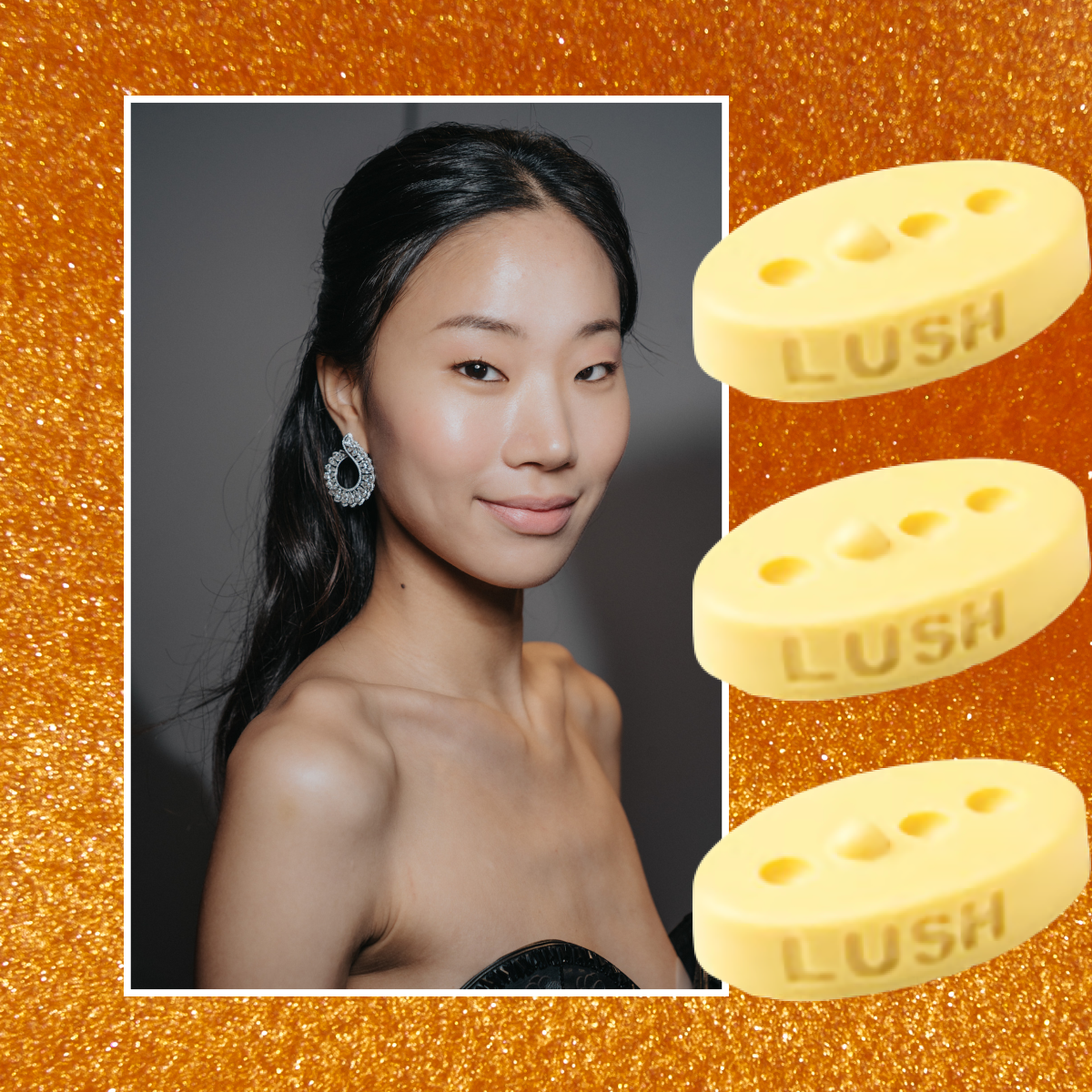 A woman with glowing skin wearing diamond drop earrings and a black strapless top. She is next to three Lush massage bars and all images are in front of an amber background. 
