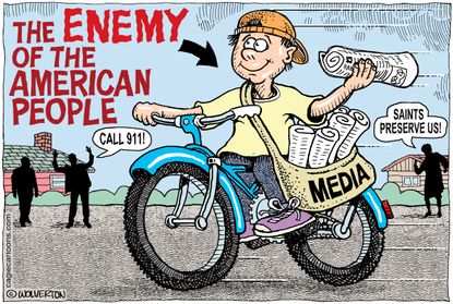 Political Cartoon U.S. Media newspaper enemy Donald Trump