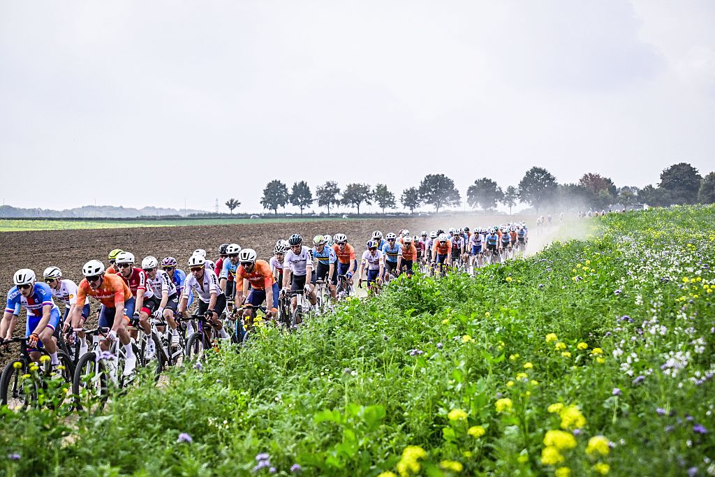 The pack of riders pictured in action during the men elite race at the UCI World Gravel Championships, Sunday 12 October 2025, in Maastricht, The Netherlands. BELGA PHOTO DIRK WAEM (Photo by DIRK WAEM / BELGA MAG / Belga via AFP)