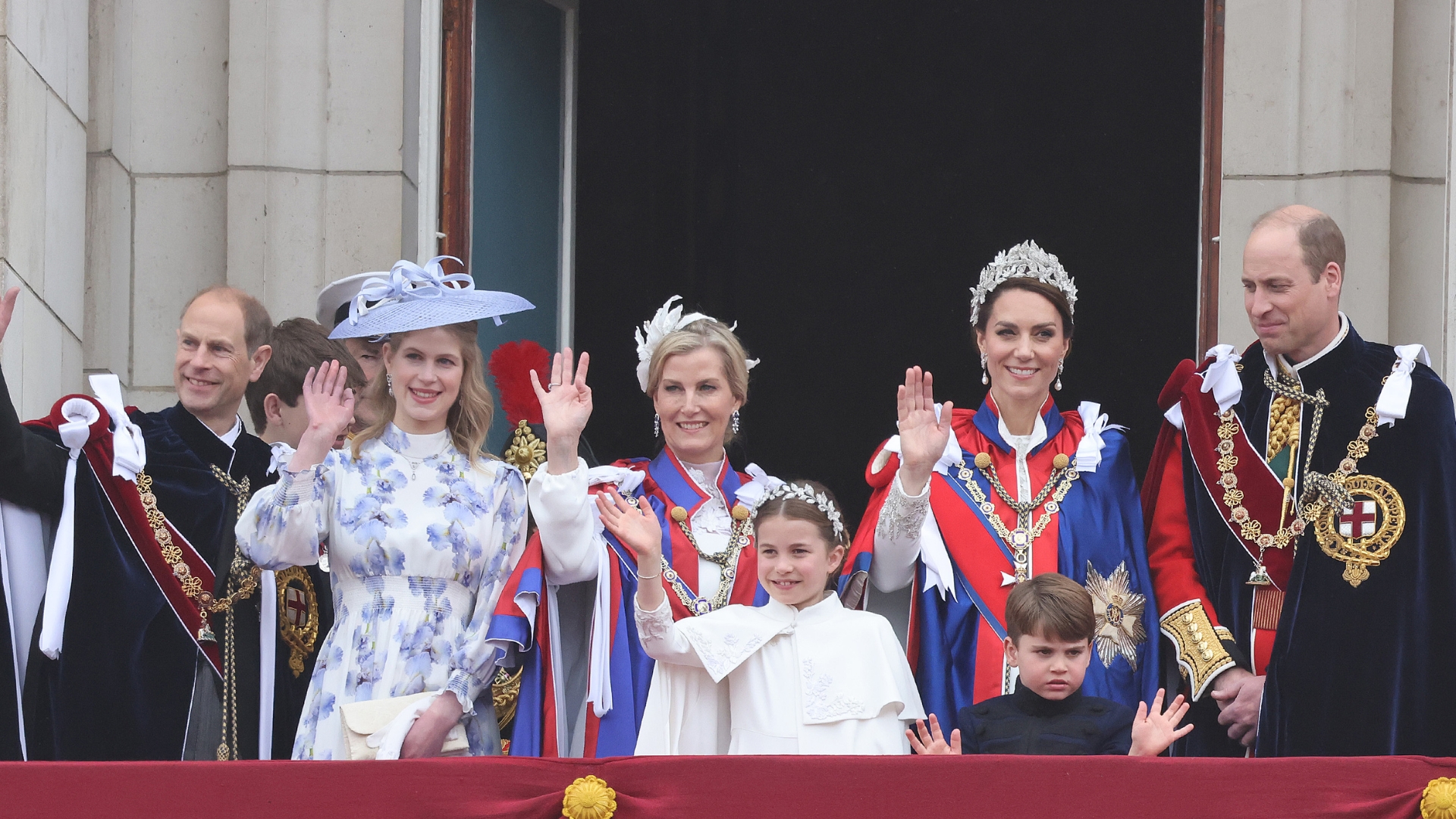 (L-R) Lady Louise Windsor, Vice Admiral Sir Timothy Laurence, Sophie, Duchess of Edinburgh, Princess Charlotte of Wales, Anne, Princess Royal, Catherine, Princess of Wales, Prince Louis of Wales, Prince William, Prince of Wales during the Coronation of King Charles III and Queen Camilla on May 06, 2023 in London, England.