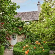 front exterior of a Cotswolds cottage with roses in front garden